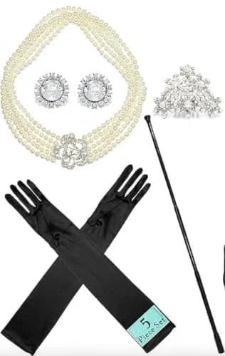 Utopiat Audrey-Inspired 5 Piece Costume Jewelry Set with Pearl Necklace, Tiara, Gloves & Holder | Vintage Hollywood Glamour thumbnail 1