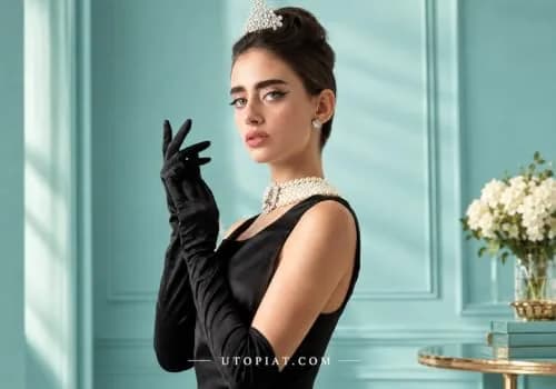 Utopiat Audrey-Inspired 5 Piece Costume Jewelry Set with Pearl Necklace, Tiara, Gloves & Holder | Vintage Hollywood Glamour thumbnail 12
