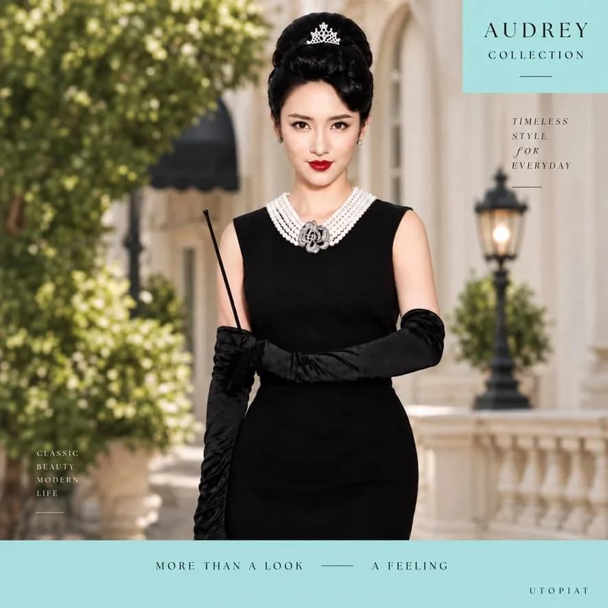 Utopiat Audrey-Inspired 5 Piece Costume Jewelry Set with Pearl Necklace, Tiara, Gloves & Holder | Vintage Hollywood Glamour thumbnail 2