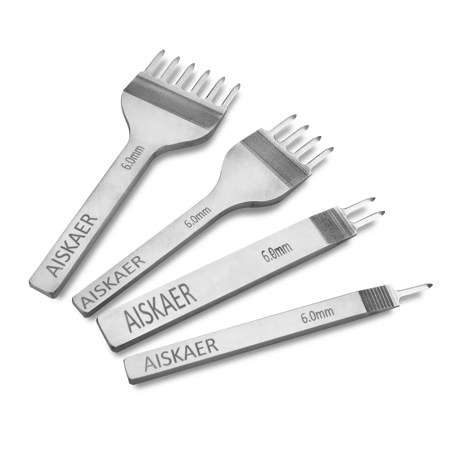 Aiskaer Leather Stitching Punch Set Diamond Chisel Tools 6mm White Steel 1/2/4/6 Prong | 100mm Length, 120g