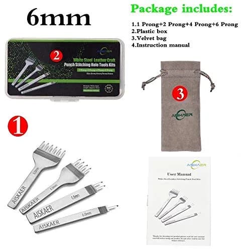 Aiskaer Leather Stitching Punch Set Diamond Chisel Tools 6mm White Steel 1/2/4/6 Prong | 100mm Length, 120g thumbnail 6