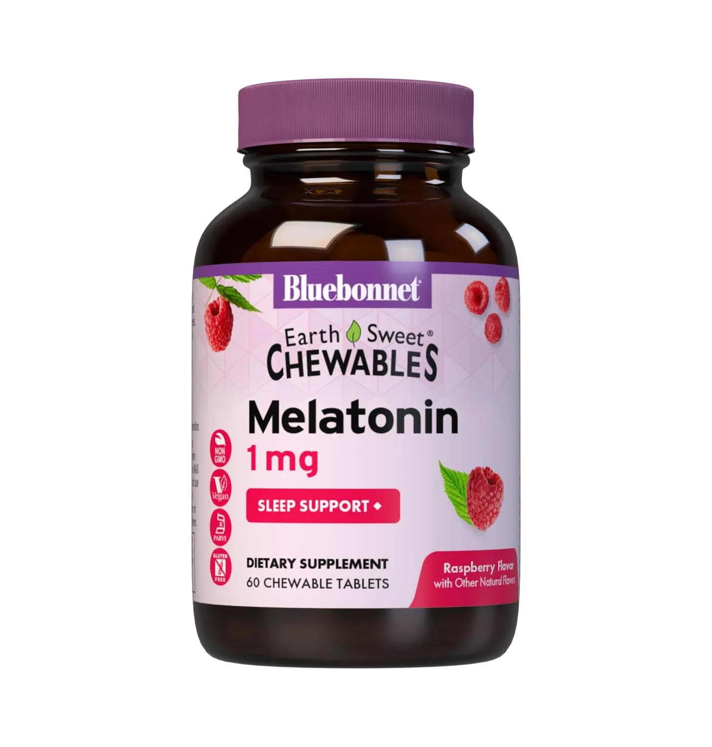Bluebonnet EarthSweet Melatonin 1mg Chewable Tablets Raspberry 60 Count | Supports Restful Sleep — White