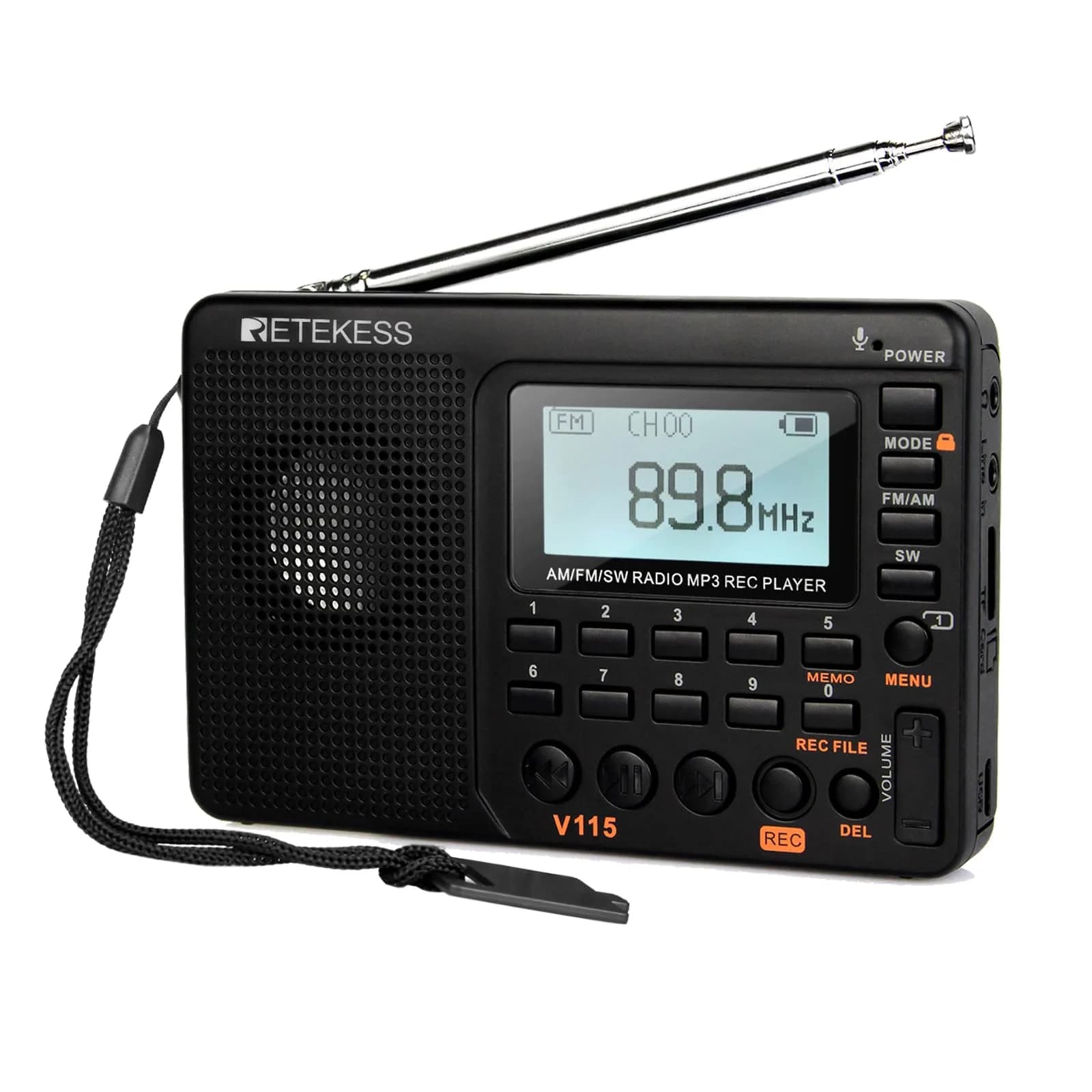 Retekess V115 Shortwave Radio, AM FM Digital Receiver with MP3 Player & Recorder | 1000mAh Rechargeable Battery, 100 Presets, Bass Speaker
