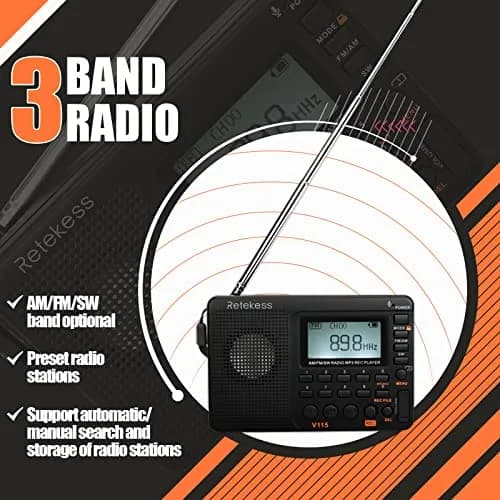 Retekess V115 Shortwave Radio, AM FM Digital Receiver with MP3 Player & Recorder | 1000mAh Rechargeable Battery, 100 Presets, Bass Speaker thumbnail 3