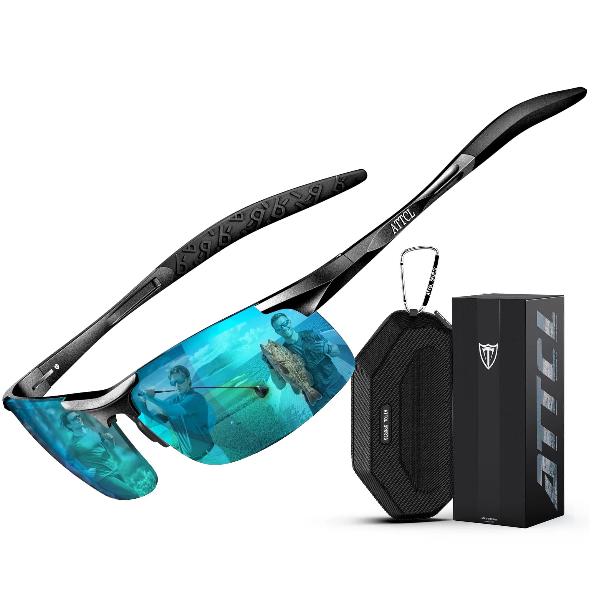 ATTCL Polarized Sunglasses Men Sports: UV Protection Anti Glare Wrap Around Lightweight Metal Sun Glasses Driving Fishing Golf Running Black Blue (64mm Lens Width)