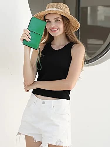 befen Genuine Leather Wristlet Clutch for Women Ultra-Slim Ladies Credit Card Holder Wallet Purses with RFID Protection (Kelly Green, 20.6cm x 11cm) thumbnail 2