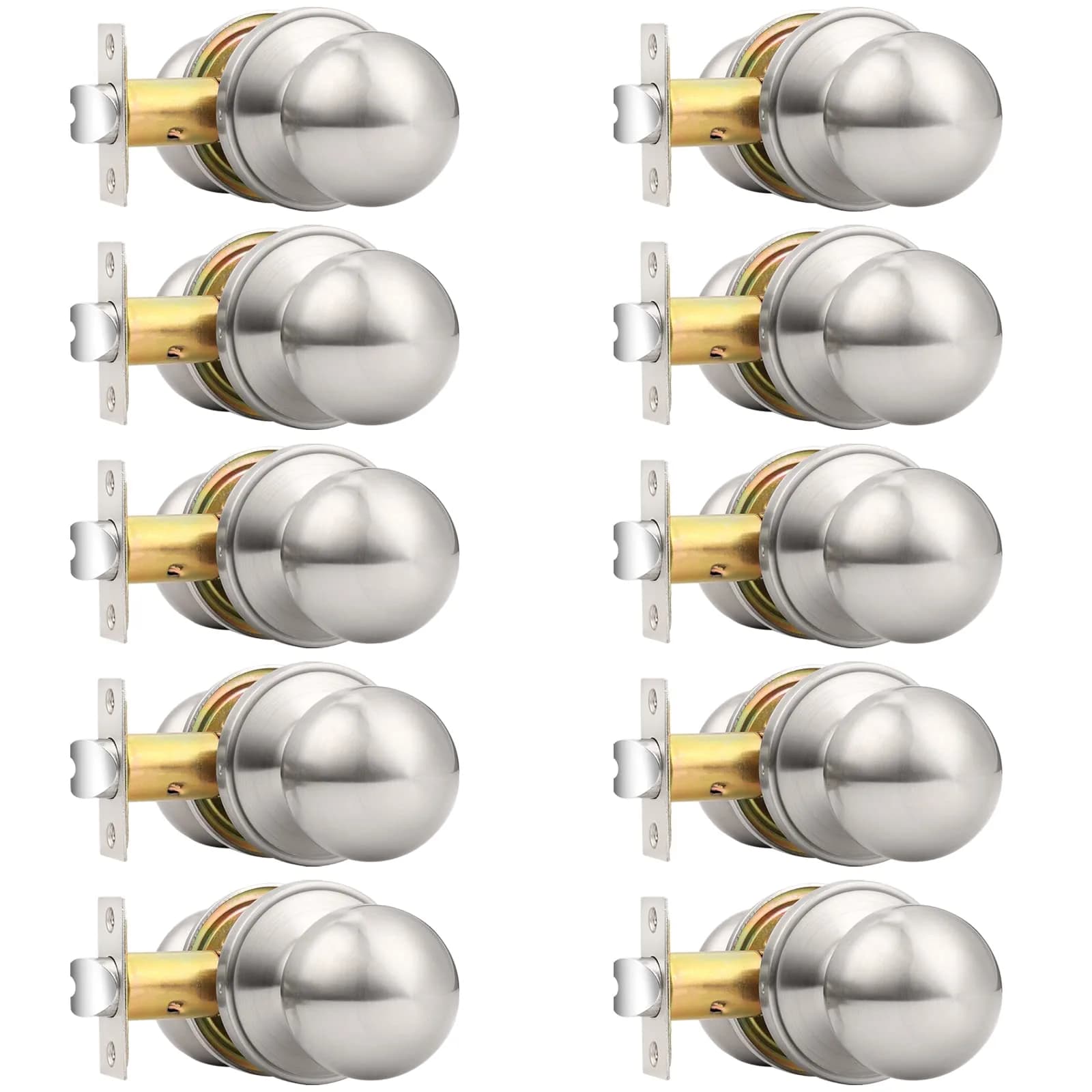 Probrico Round Brushed Nickel Passage Door Knobs Interior Door Handles for Hallway Closet, Keyless Passage Door Lock, 10 Pack | ANSI Grade 3 Security - main product image