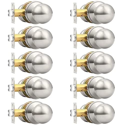 Probrico Round Brushed Nickel Passage Door Knobs Interior Door Handles for Hallway Closet, Keyless Passage Door Lock, 10 Pack | ANSI Grade 3 Security thumbnail 1