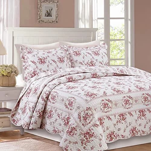 Cozy Line Home Fashions Vintage Rose Pink Floral Reversible Cotton Quilt Bedding Set - Twin (68x86 in) thumbnail 1