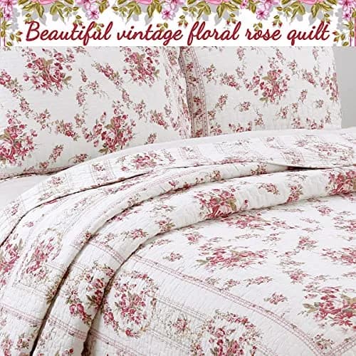 Cozy Line Home Fashions Vintage Rose Pink Floral Reversible Cotton Quilt Bedding Set - Twin (68x86 in) thumbnail 5