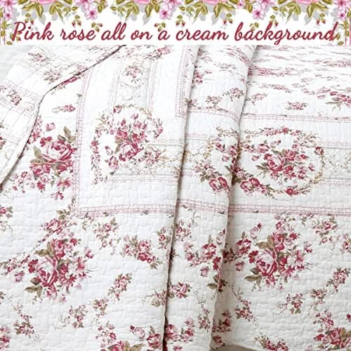 Cozy Line Home Fashions Vintage Rose Pink Floral Reversible Cotton Quilt Bedding Set - Twin (68x86 in) thumbnail 6