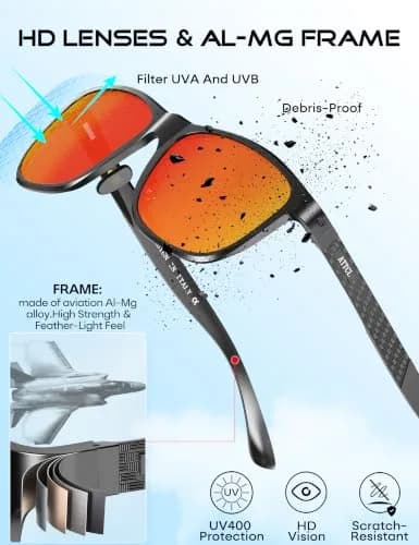 ATTCL Men's Polarized Sunglasses - Black-Red Frame with Silver Mirrored Lenses, UV400 Protection thumbnail 4