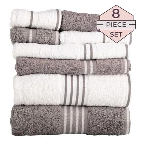 Lavish Home Rio 8 Piece 100% Cotton Towel Set - White & Silver | Soft & Absorbent 575 GSM thumbnail 3