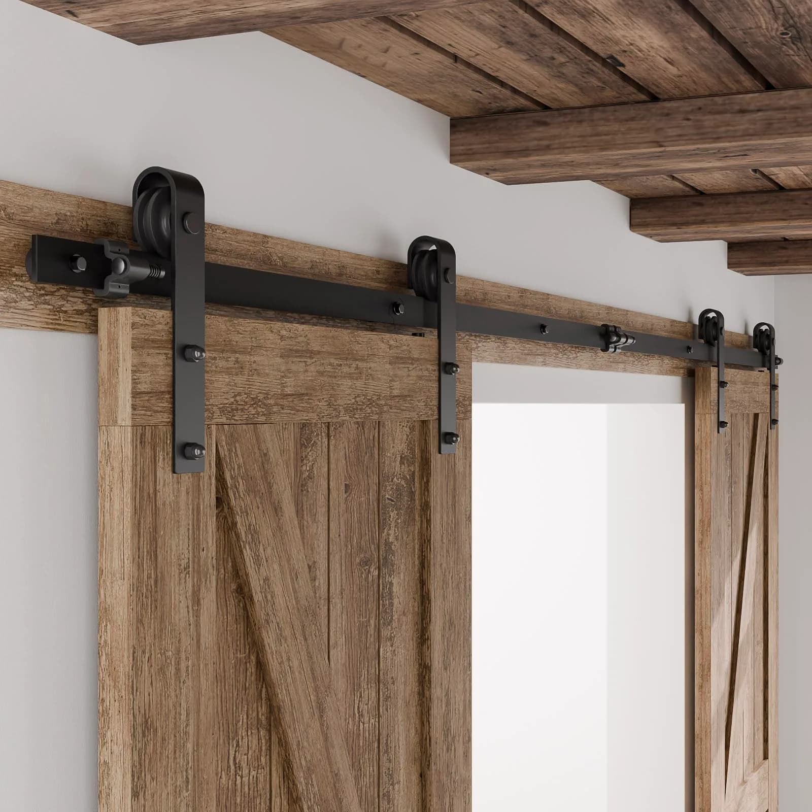 CCJH 13FT Sliding Barn Door Hardware Kit for Double Doors, Black | Heavy Duty Steel Track System
