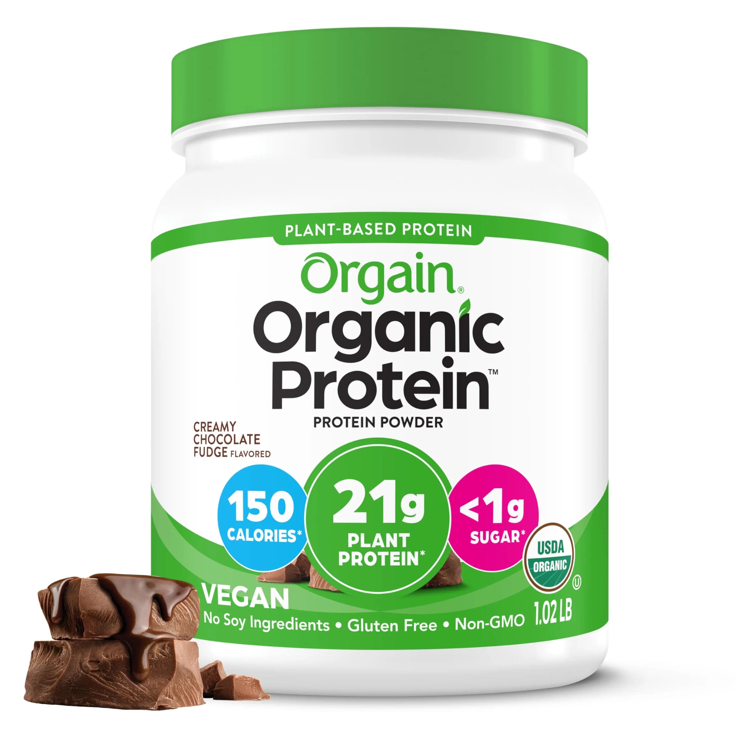 Orgain Creamy Chocolate Fudge protein powder tub Plant 10 servings
