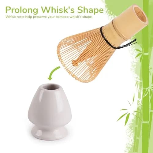 BambooMN Matcha Green Tea Whisk & Scoop 4 Piece Set - White Holder | Traditional Japanese Tea Utensils thumbnail 5