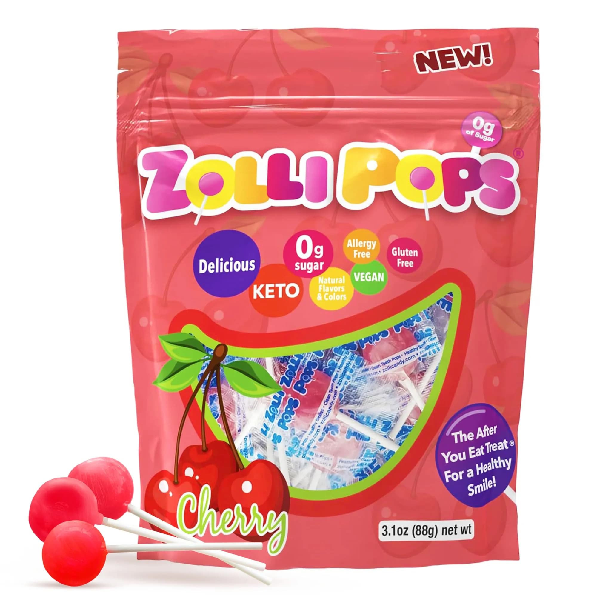 Zollipops Sugar-Free Cherry Flavor Clean Teeth Pops 95g (3.1 oz) | Dentist-Approved Sugar-Free Lollipops — Cherry
