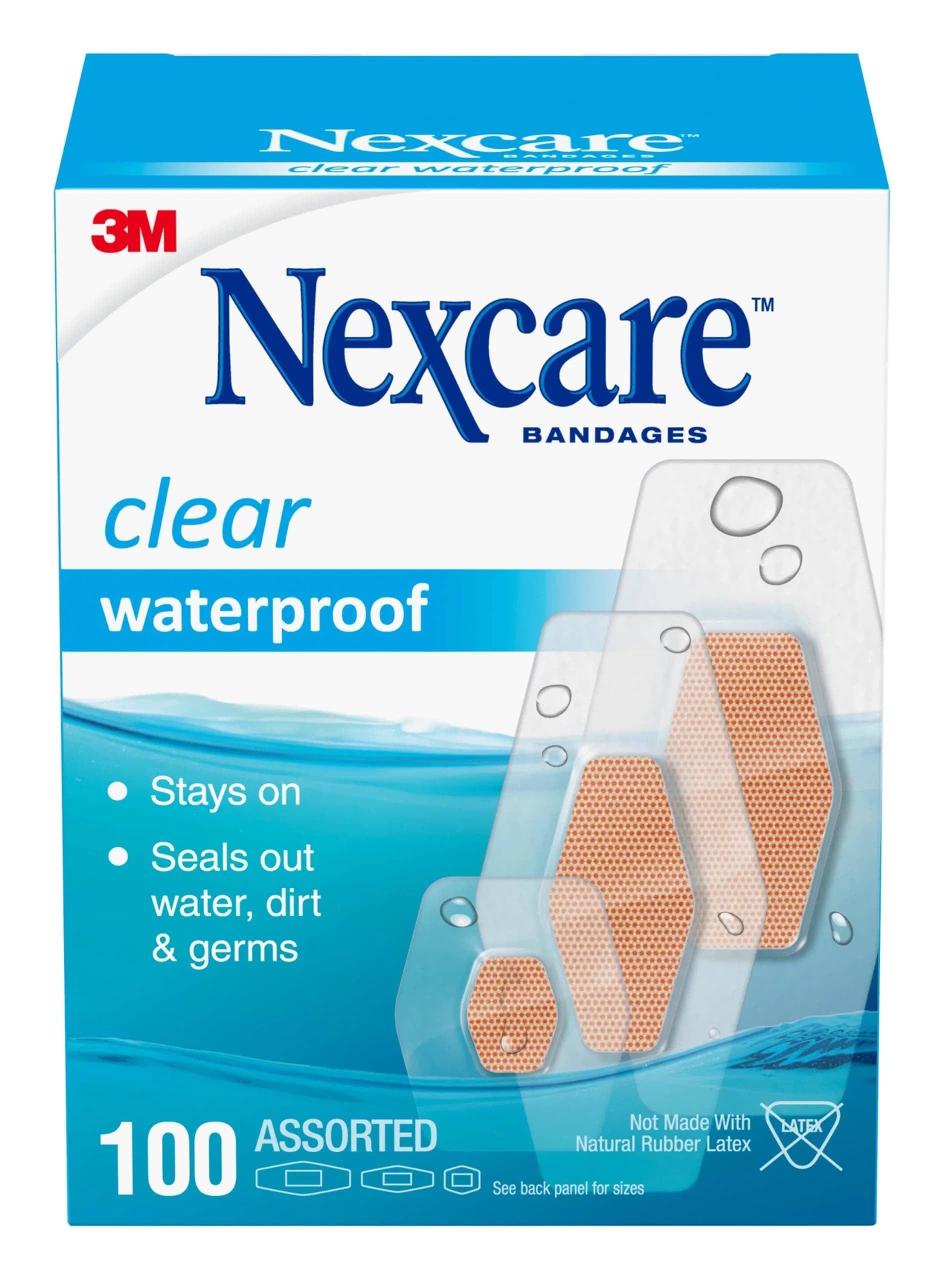 Nexcare Waterproof Clear Bandages Assorted Sizes 100 Count | 360 Degree Seal for Water & Germ Protection