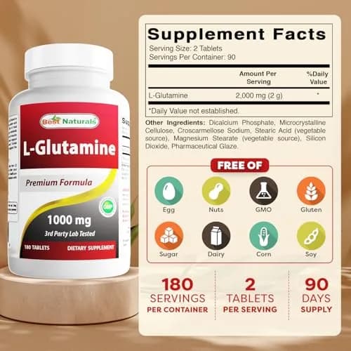 Best Naturals L-Glutamine 1000mg Fuel for Workout Tablets | Non-GMO, 180 Count, USA Import thumbnail 2
