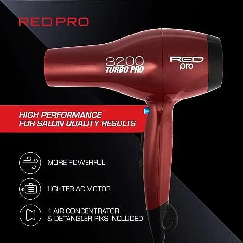 RED Pro 3200 Turbo Pro Detangler AC Hair Dryer | 3 Heat/2 Speed, Cool Shot, 3 Attachments thumbnail 5