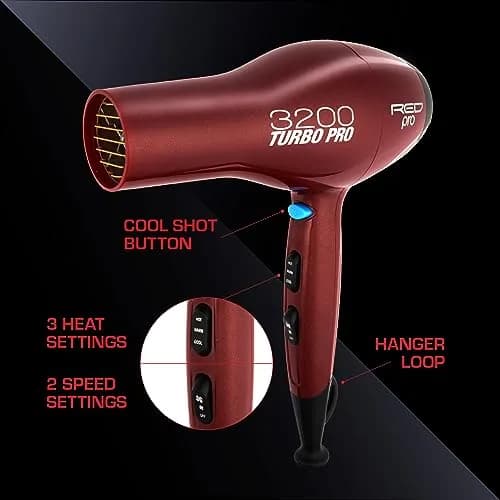 RED Pro 3200 Turbo Pro Detangler AC Hair Dryer | 3 Heat/2 Speed, Cool Shot, 3 Attachments thumbnail 3