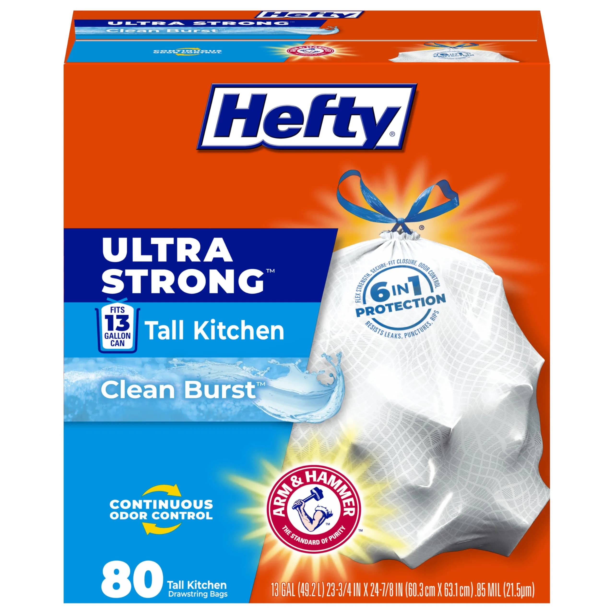Hefty Ultra Strong 13 Gallon Kitchen Trash Bags, White, Clean Burst, 80 Count | 5.4 kg (11.9 lb) Bags for Home Waste Containment