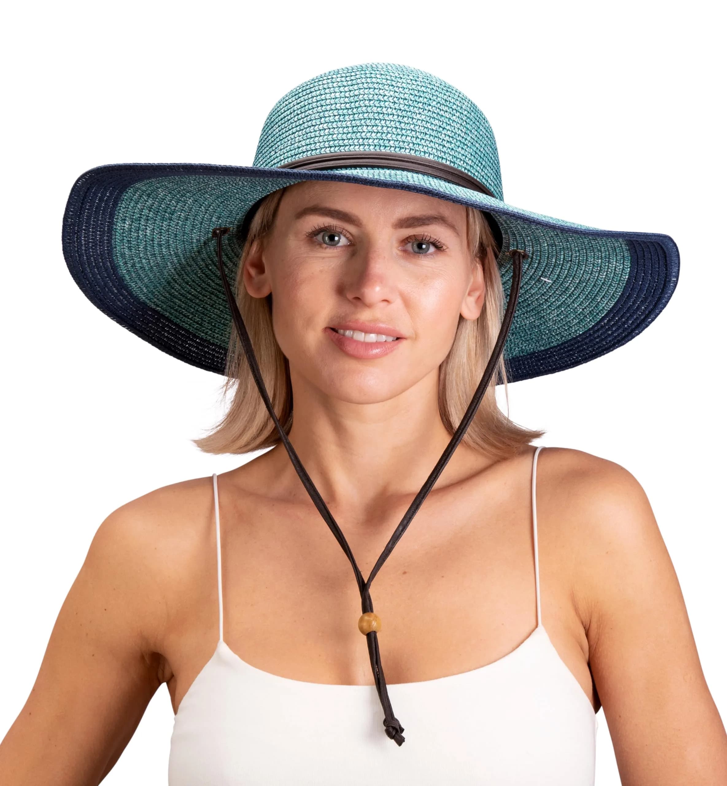 Sloggers Women's Wide Brim Braided Sun Hat with Wind Lanyard UPF 50+ Grey Blue | Maximum Sun Protection