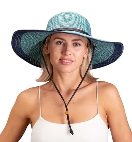 Sloggers Women's Wide Brim Braided Sun Hat with Wind Lanyard UPF 50+ Grey Blue | Maximum Sun Protection thumbnail 1