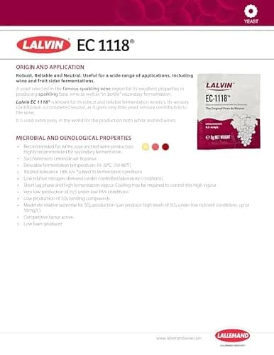 Lalvin EC-1118 Saccharomyces bayanus 10 Packs | High Alcohol Tolerance for Wine & Sparkling thumbnail 8