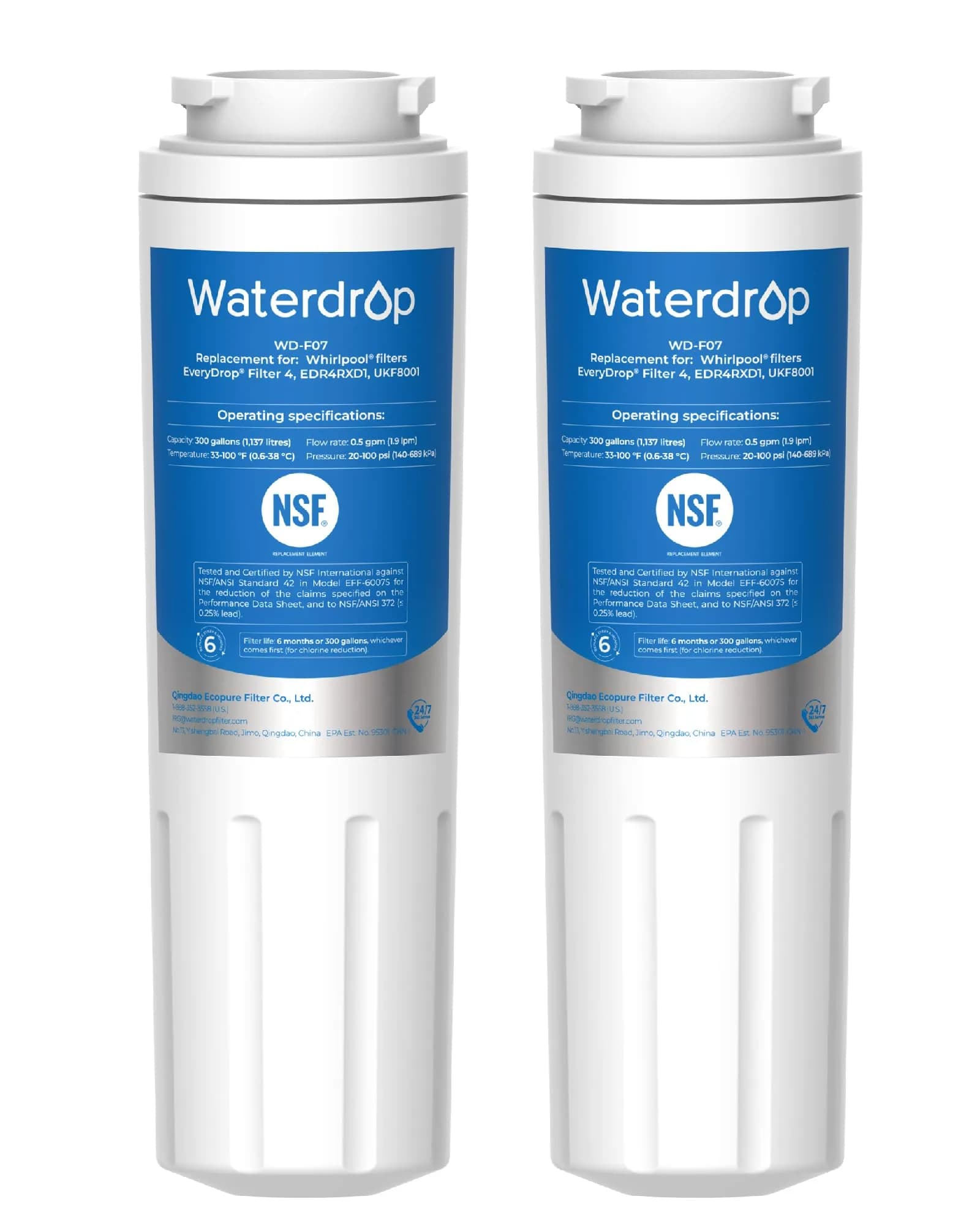 Waterdrop EDR4RXD1 Refrigerator Water Filter Replacement | 2 Filters, NSF Certified for Whirlpool UKF8001