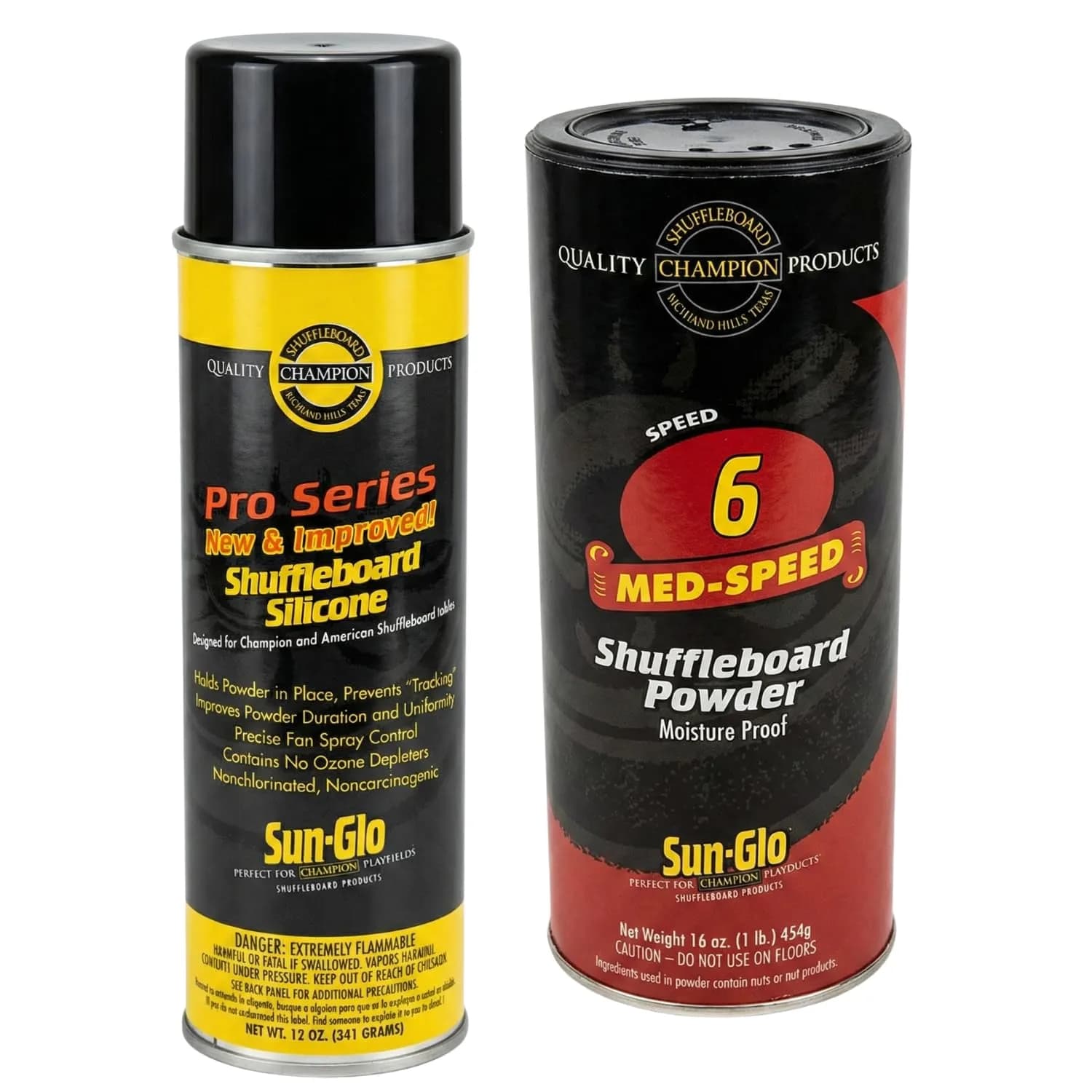 Sun-Glo Shuffleboard Maintenance Bundle: Speed 6 Medium Speed Powder Wax (16 oz) & Silicone Spray (12 oz) | Complete Care Kit for Small Tables