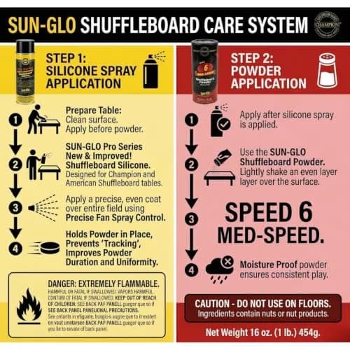 Sun-Glo Shuffleboard Maintenance Bundle: Speed 6 Medium Speed Powder Wax (16 oz) & Silicone Spray (12 oz) | Complete Care Kit for Small Tables thumbnail 6