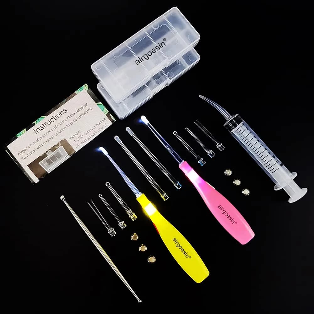 airgoesin Tonsil Stone Remover LED Kit with Irrigator & Steel Pick for Fresh Breath (17 Piece Set) — Yellow & Pink