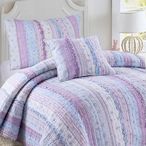 Cozy Line Home Fashions Raelynn Romantic Lace Orchid Purple Blue Flower Print Stripe Cotton 3D Bedding Quilt Set with Sham, Lavender, Twin - 2 Piece thumbnail 1