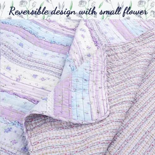 Cozy Line Home Fashions Raelynn Romantic Lace Orchid Purple Blue Flower Print Stripe Cotton 3D Bedding Quilt Set with Sham, Lavender, Twin - 2 Piece thumbnail 6