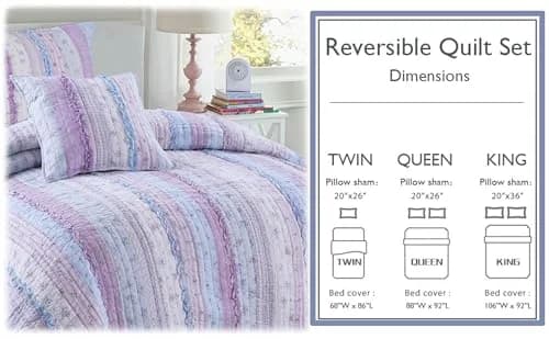 Cozy Line Home Fashions Raelynn Romantic Lace Orchid Purple Blue Flower Print Stripe Cotton 3D Bedding Quilt Set with Sham, Lavender, Twin - 2 Piece thumbnail 7