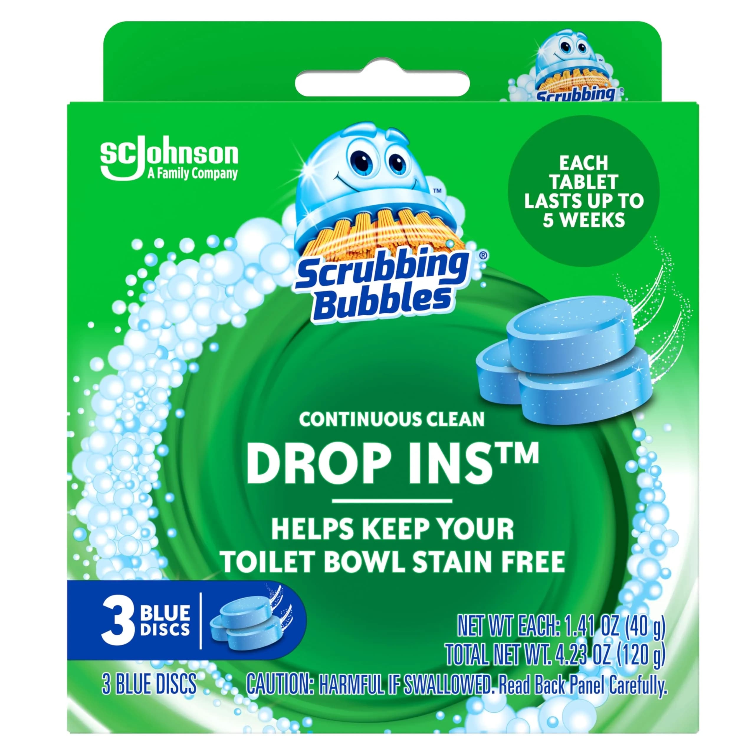 Scrubbing Bubbles Continuous Clean Toilet Drop-Ins 3 Tablets | Septic-Safe Tank Tablets for Stain & Smell Protection — No Color