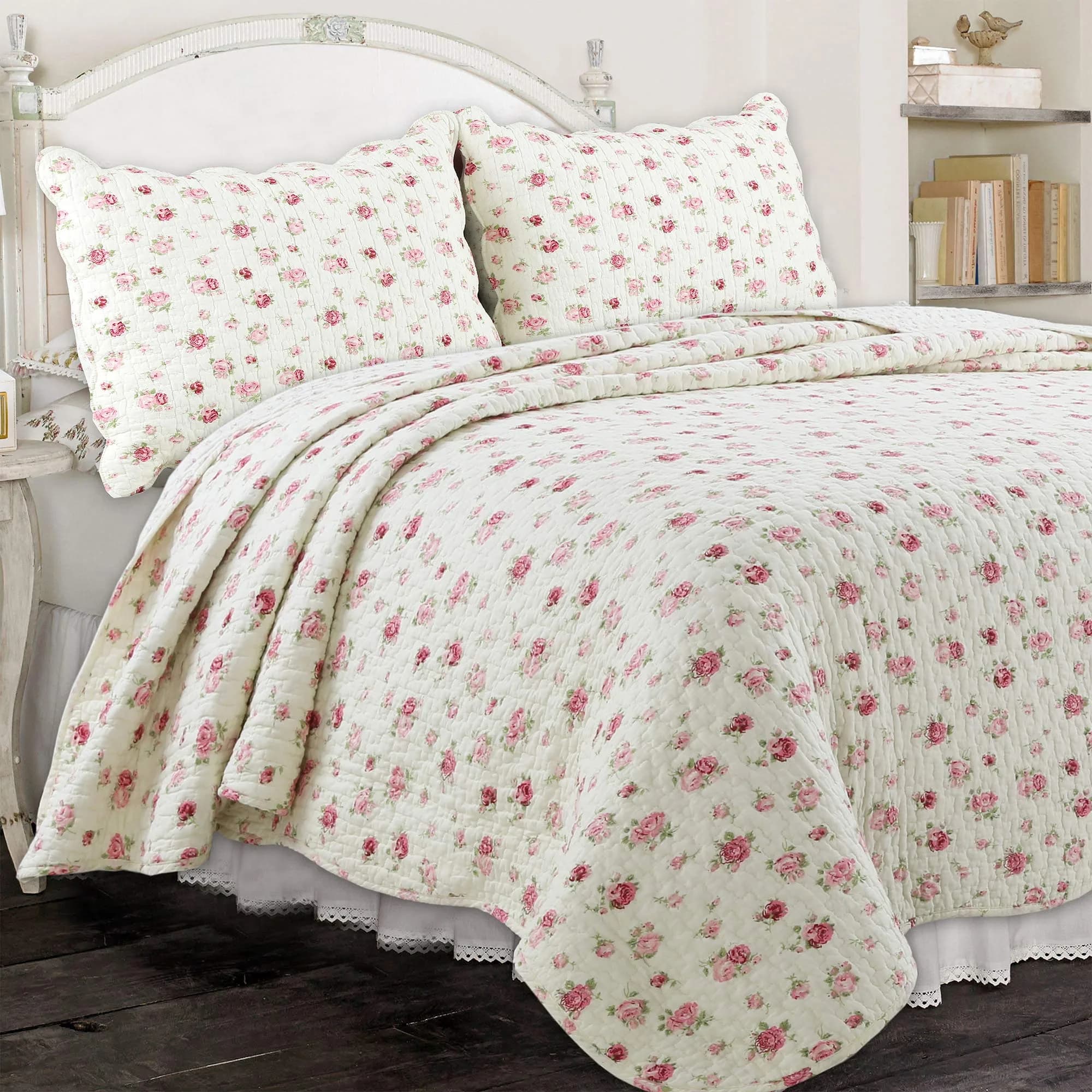 Cozy Line Home Fashions Romantic Pink Peony Floral 100% Cotton Reversible Quilt Bedding Set, Coverlet, Bedspread (Pink Peony, Queen - 3 Piece) — Ivory Rose / King