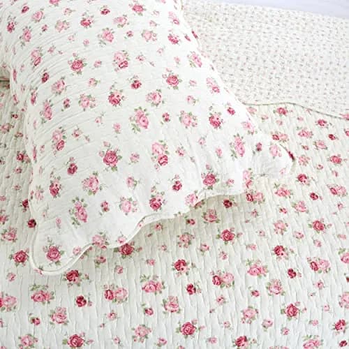 Cozy Line Home Fashions Pink Rose Garden Floral 100% Cotton Reversible Coverlet Bedspread Quilt Bedding Set (Ivory Rose, King) thumbnail 2