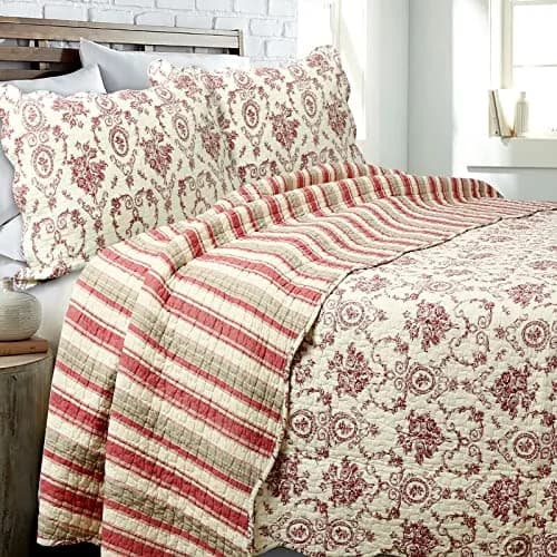 Cozy Line Home Fashions French Medallion Beige Burgundy Red Rose Flower Pattern Printed 100% Cotton Bedding Quilt Set Reversible Coverlet Bedspread (Burgundy Red, King - 3 piece) thumbnail 1
