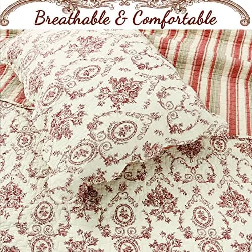 Cozy Line Home Fashions French Medallion Beige Burgundy Red Rose Flower Pattern Printed 100% Cotton Bedding Quilt Set Reversible Coverlet Bedspread (Burgundy Red, King - 3 piece) thumbnail 4