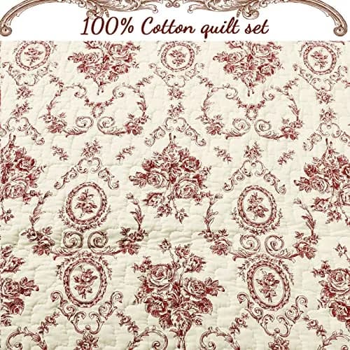 Cozy Line Home Fashions French Medallion Beige Burgundy Red Rose Flower Pattern Printed 100% Cotton Bedding Quilt Set Reversible Coverlet Bedspread (Burgundy Red, King - 3 piece) thumbnail 5