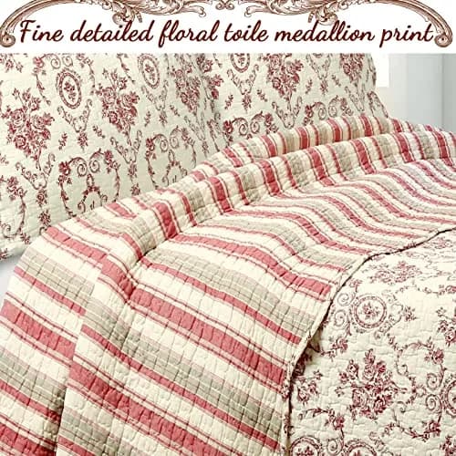Cozy Line Home Fashions French Medallion Beige Burgundy Red Rose Flower Pattern Printed 100% Cotton Bedding Quilt Set Reversible Coverlet Bedspread (Burgundy Red, King - 3 piece) thumbnail 2