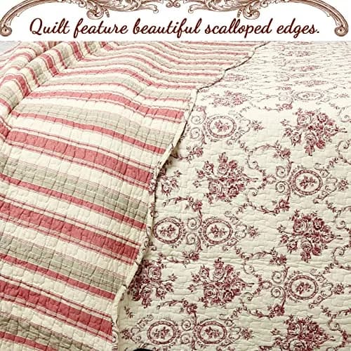 Cozy Line Home Fashions French Medallion Beige Burgundy Red Rose Flower Pattern Printed 100% Cotton Bedding Quilt Set Reversible Coverlet Bedspread (Burgundy Red, King - 3 piece) thumbnail 3