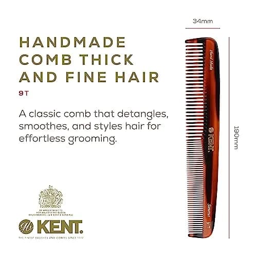 Kent 9T Tortoiseshell Fine and Wide Tooth Comb - Large Handmade Saw-Cut Detangler 7.5 inch (19 cm) | Gentle on Hair & Scalp thumbnail 2