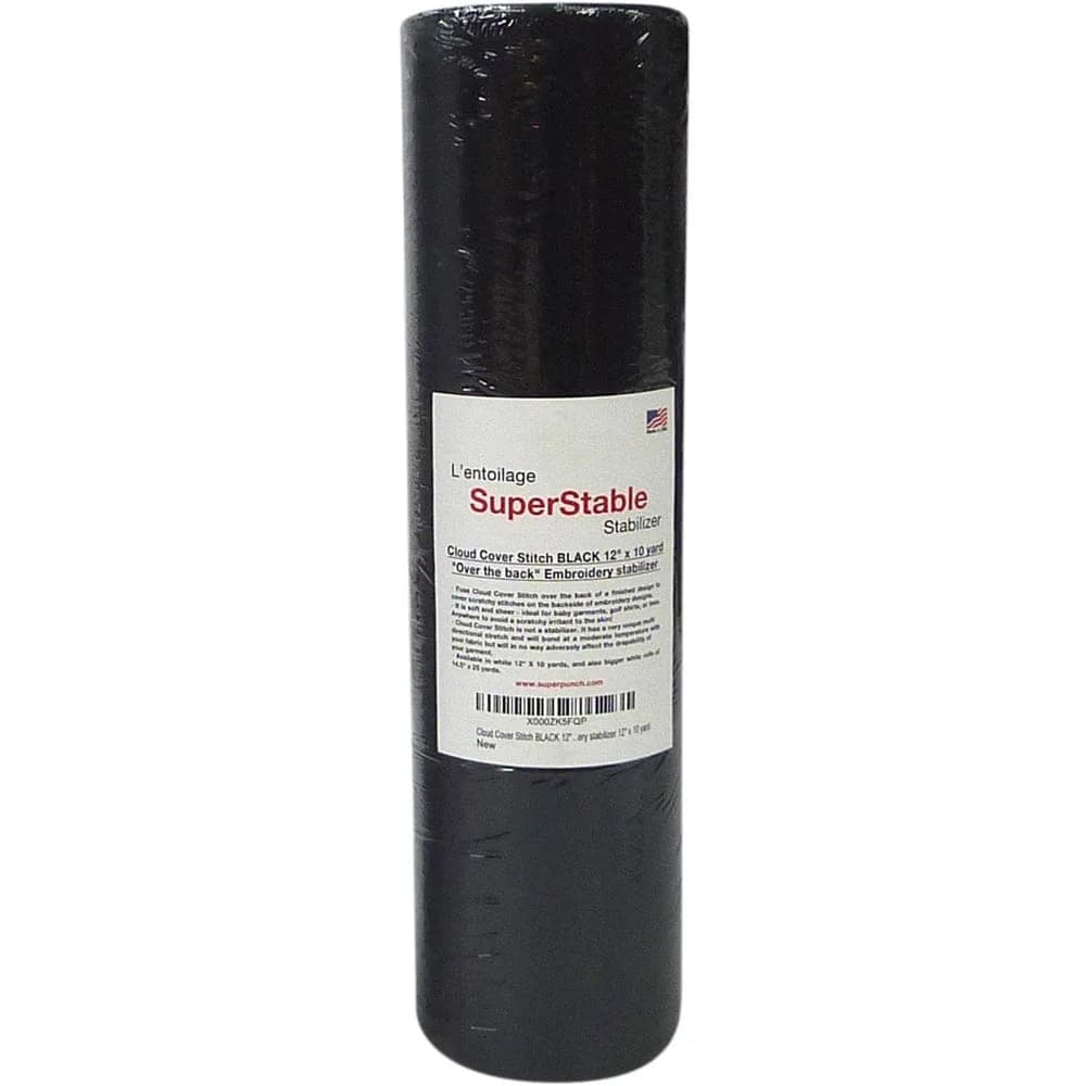 Superpunch Cloud Cover Embroidery Backing White 30.48cm x 9.14m (12 in x 10 yd) | Soft Iron-On Fabric for Itchy Stitches — Black / 12" x 10 yards roll