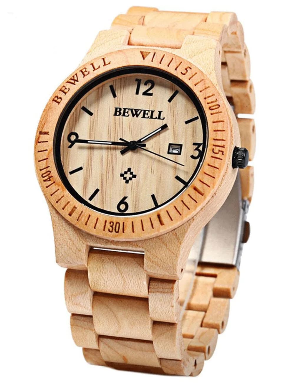 BEWELL ZS-W086B Men's Wooden Watch 4.2cm (1.65 inches) | Japanese Quartz Movement with Date Display — Maple Wood