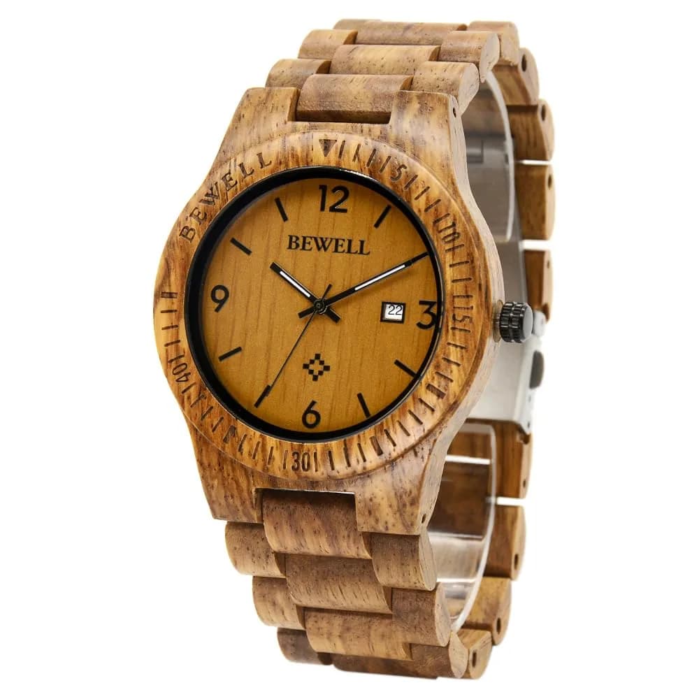 BEWELL ZS-W086B Men's Wooden Watch 4.2cm (1.65 inches) | Japanese Quartz Movement with Date Display — KOSSO