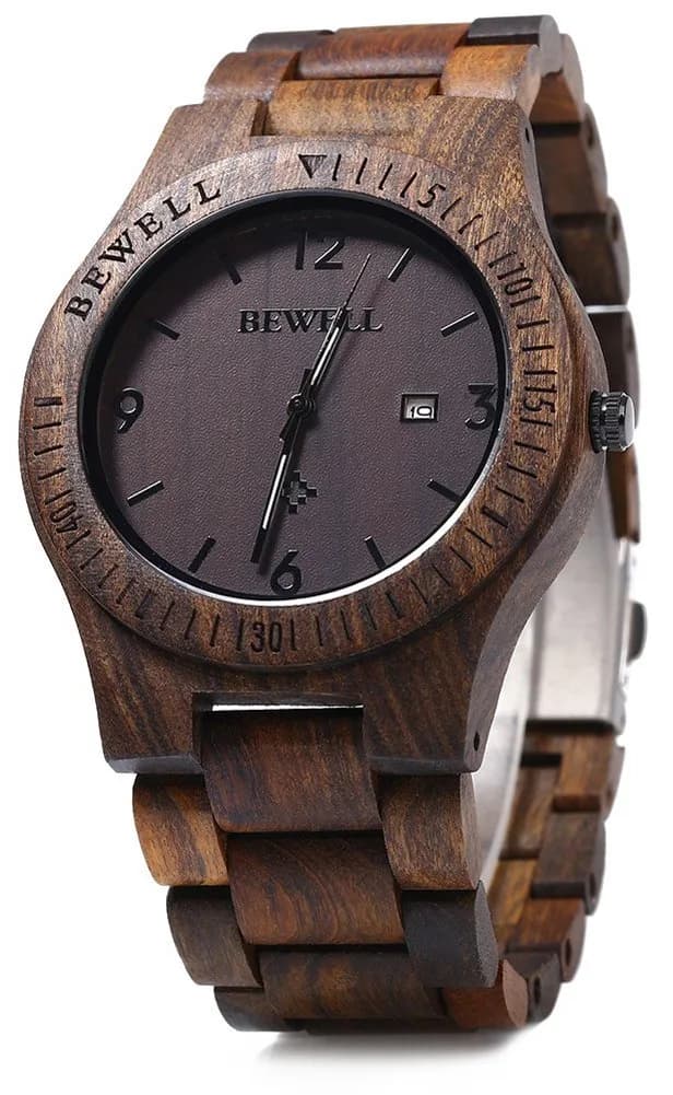 BEWELL ZS-W086B Men's Wooden Watch 4.2cm (1.65 inches) | Japanese Quartz Movement with Date Display — Ebony Wood