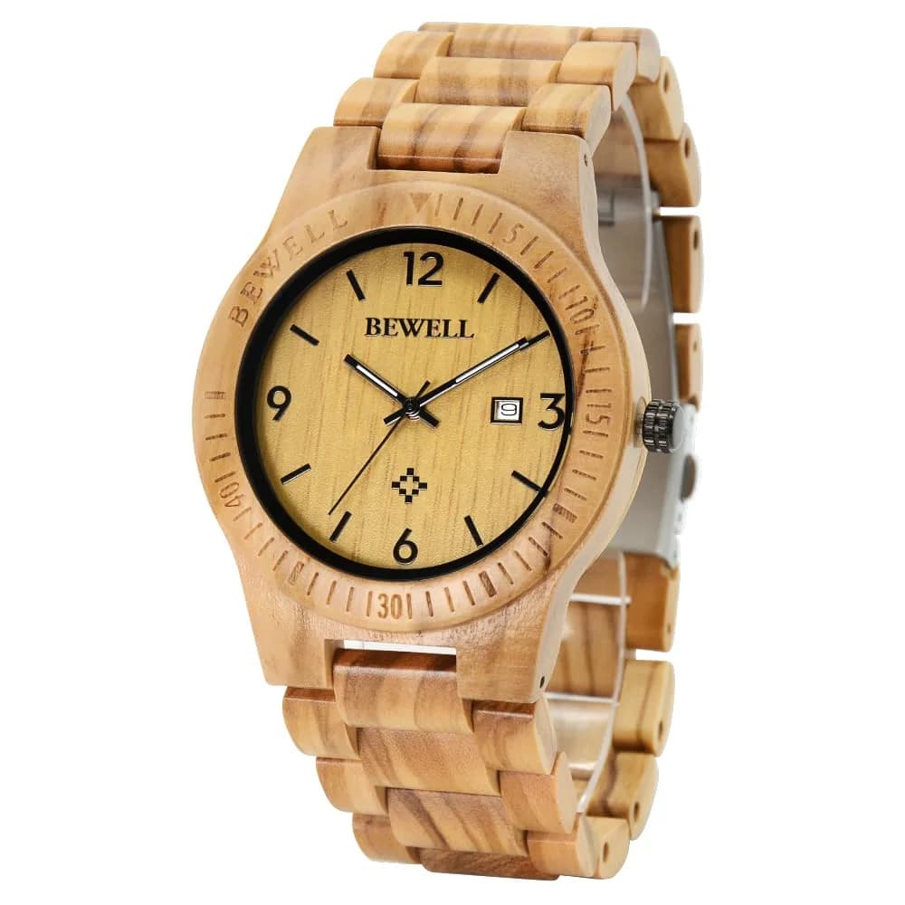 BEWELL ZS-W086B Men's Wooden Watch 4.2cm (1.65 inches) | Lightweight Analog Quartz Movement with Date — Olive Wood
